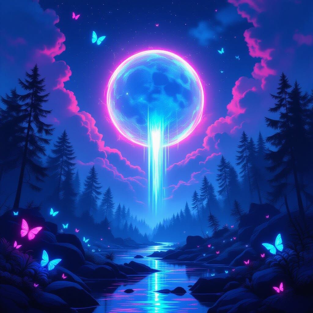 Iridescent Portal Lights Fantasy Forest at Night