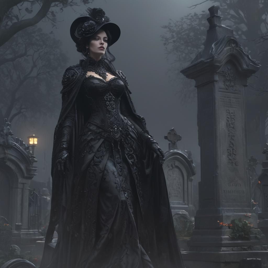 Gothic Aristocracy: Widow in Cemetery, Art Nouveau Style