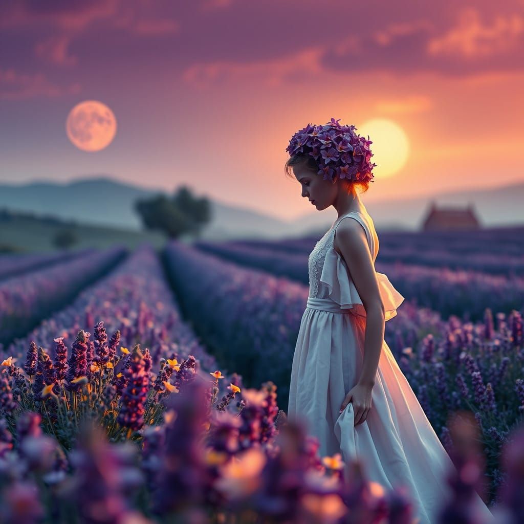 Surreal Fantasy Girl in Lavender Field at Sunset