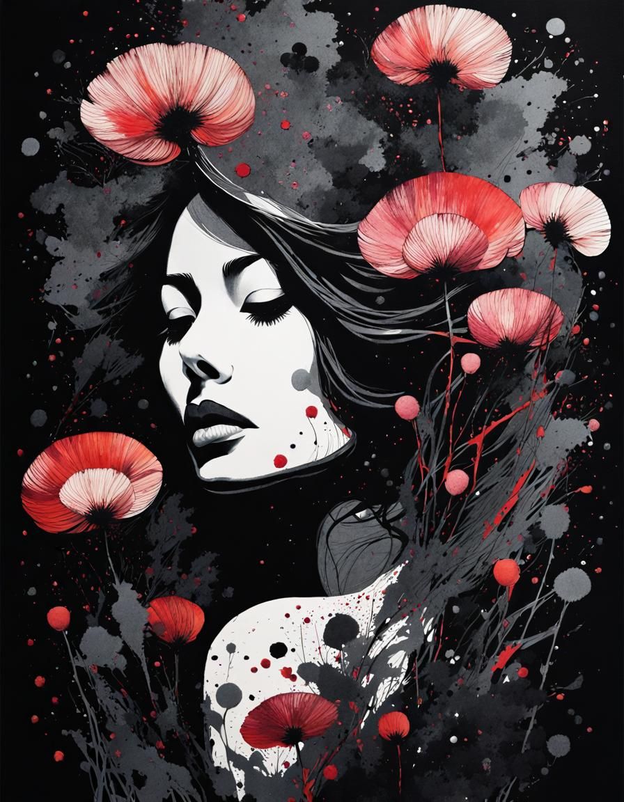 Eerie Ink Splatter Portrait of Serene Woman