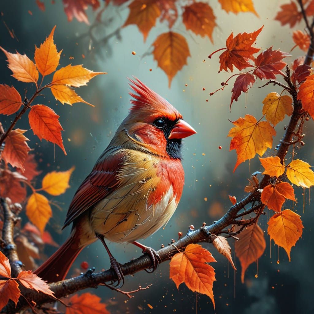 Surreal Autumn Cardinal Masterpiece in Hyper-Realistic Oil P...