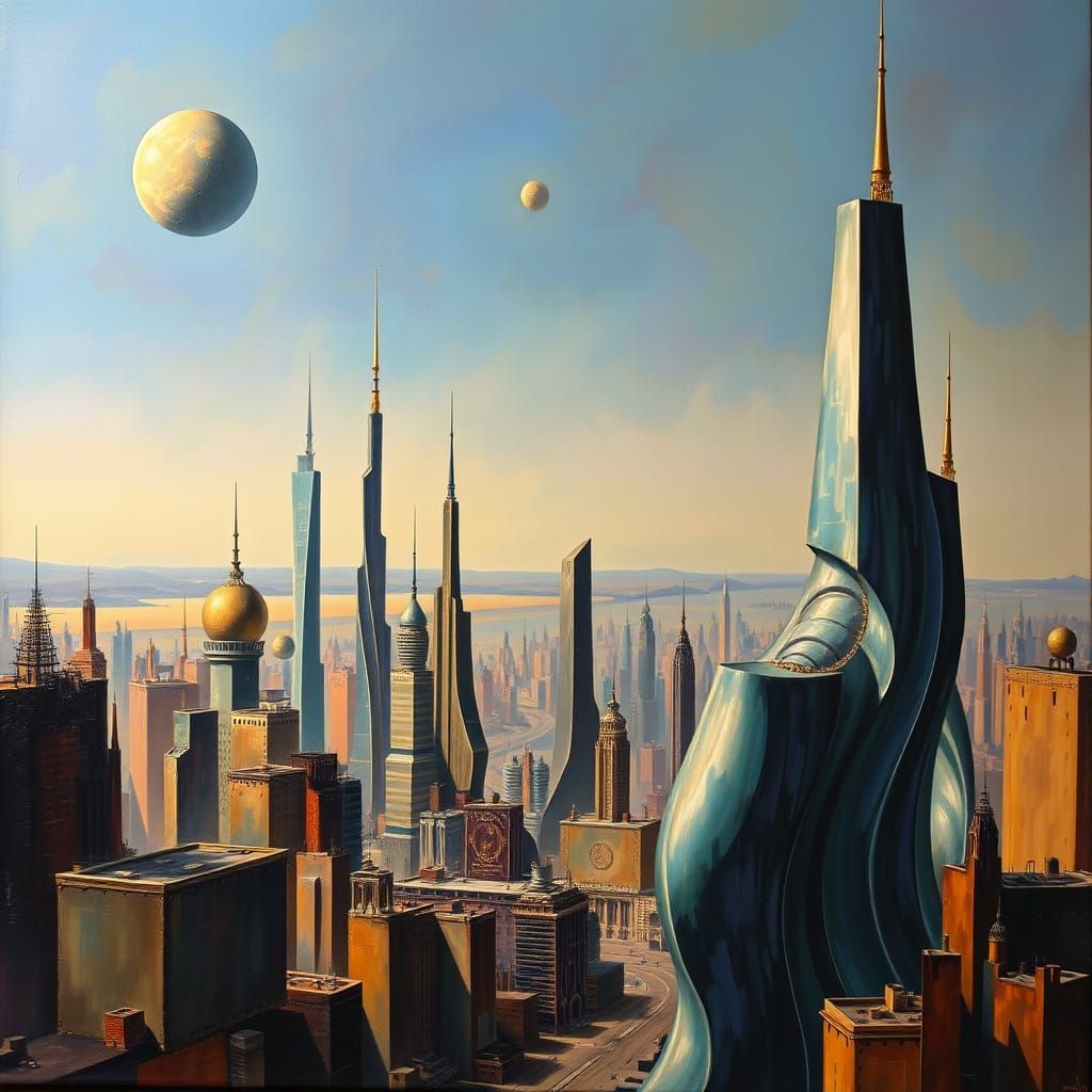 Ethereal Metropolis: A Surrealist Cityscape in Melting Oil S...