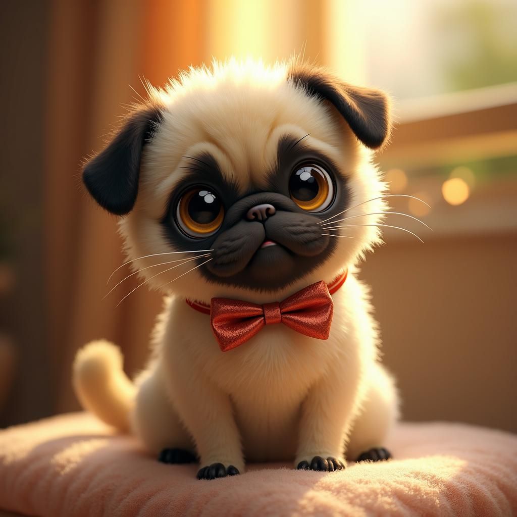 Whimsical Pug Cat Portrait with Bow Tie