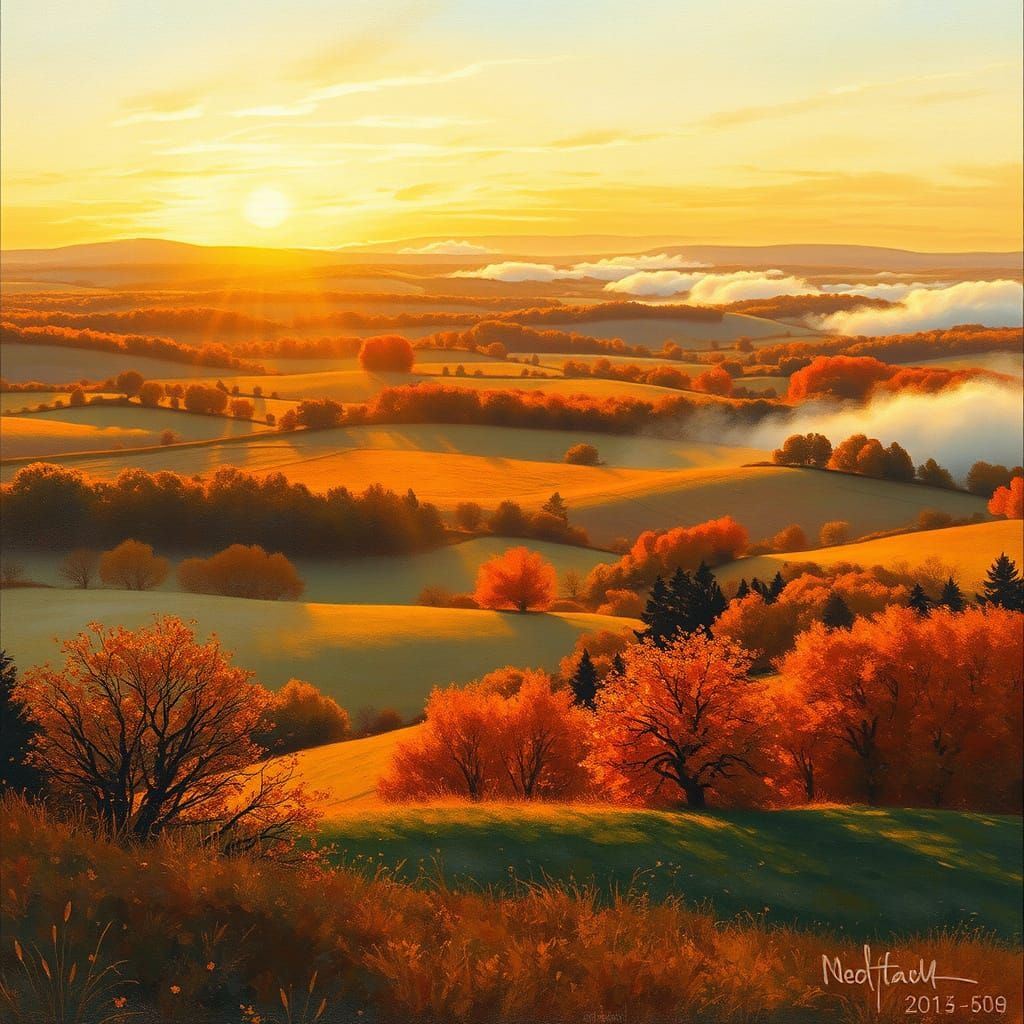 Golden Autumn Fields Under Soft Fog