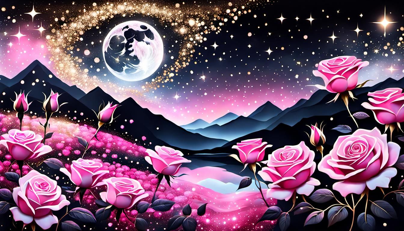 Dreamy Cosmic Rose Garden at Midnight