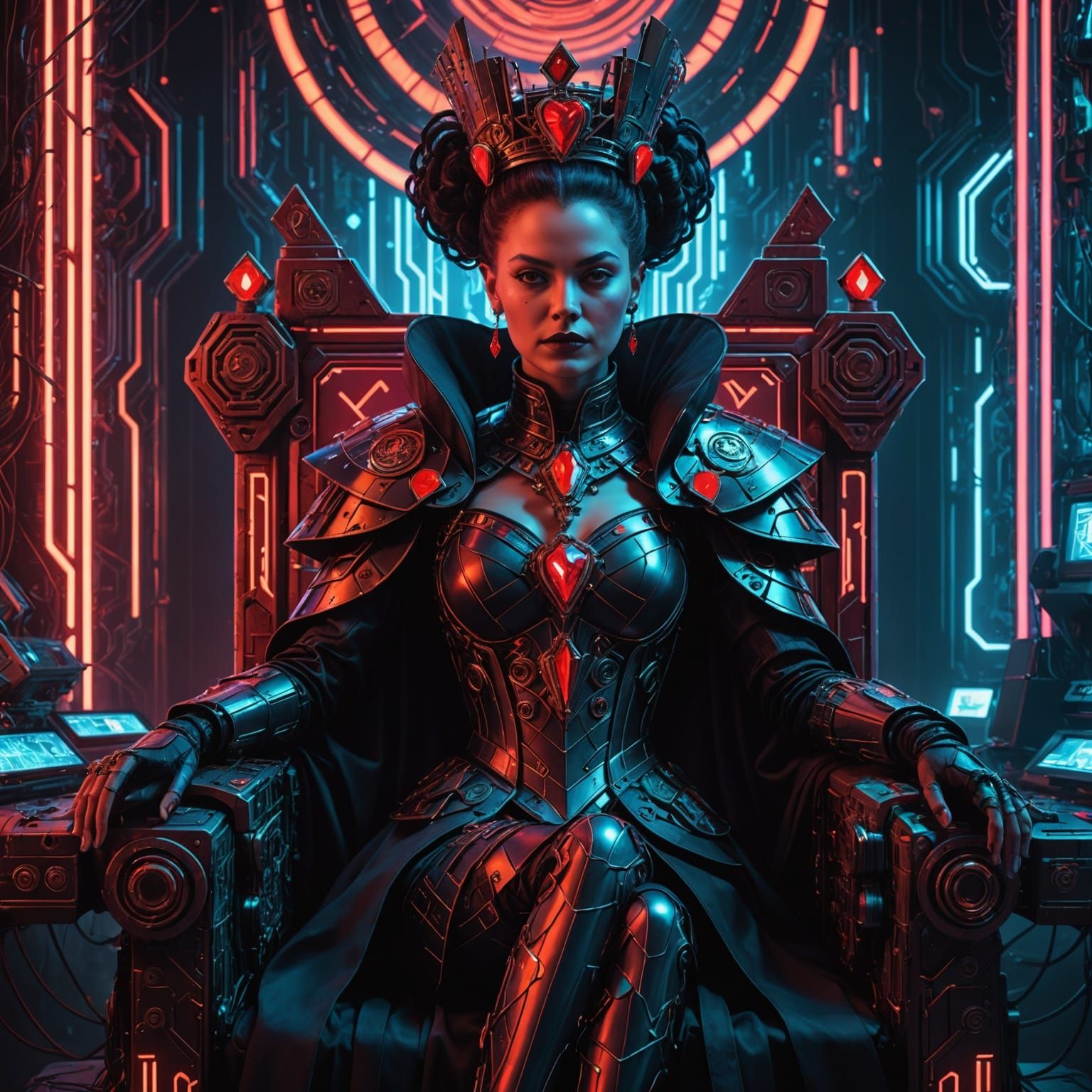 Cyberpunk Queen of Hearts Empress on Neon Throne