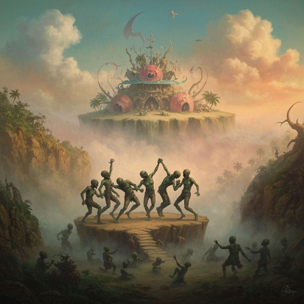 Joyful Zombies Dancing on Caribbean Island in Bosch Style