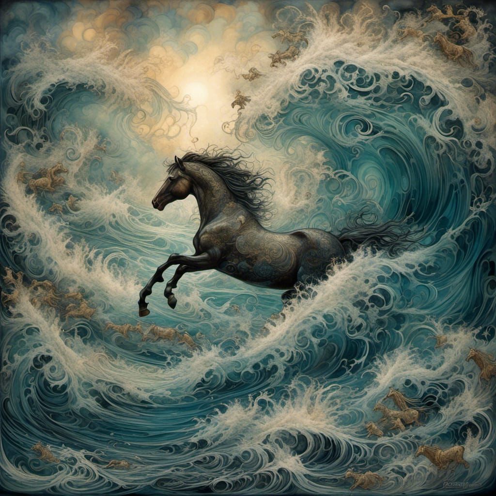 Neptune's Horses: Iridescent Ocean Art Nouveau