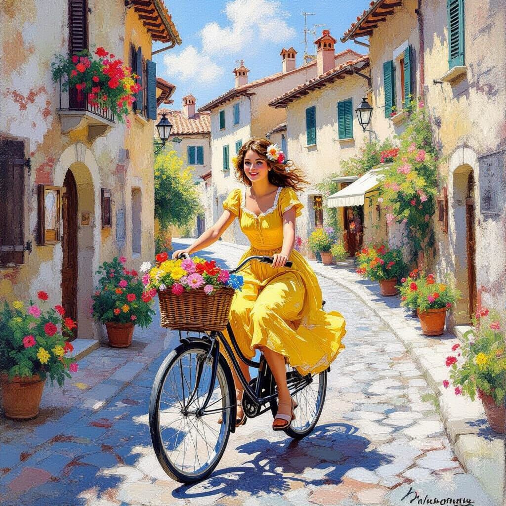 Girl on Bicycle in Italian City, Impressionist Style