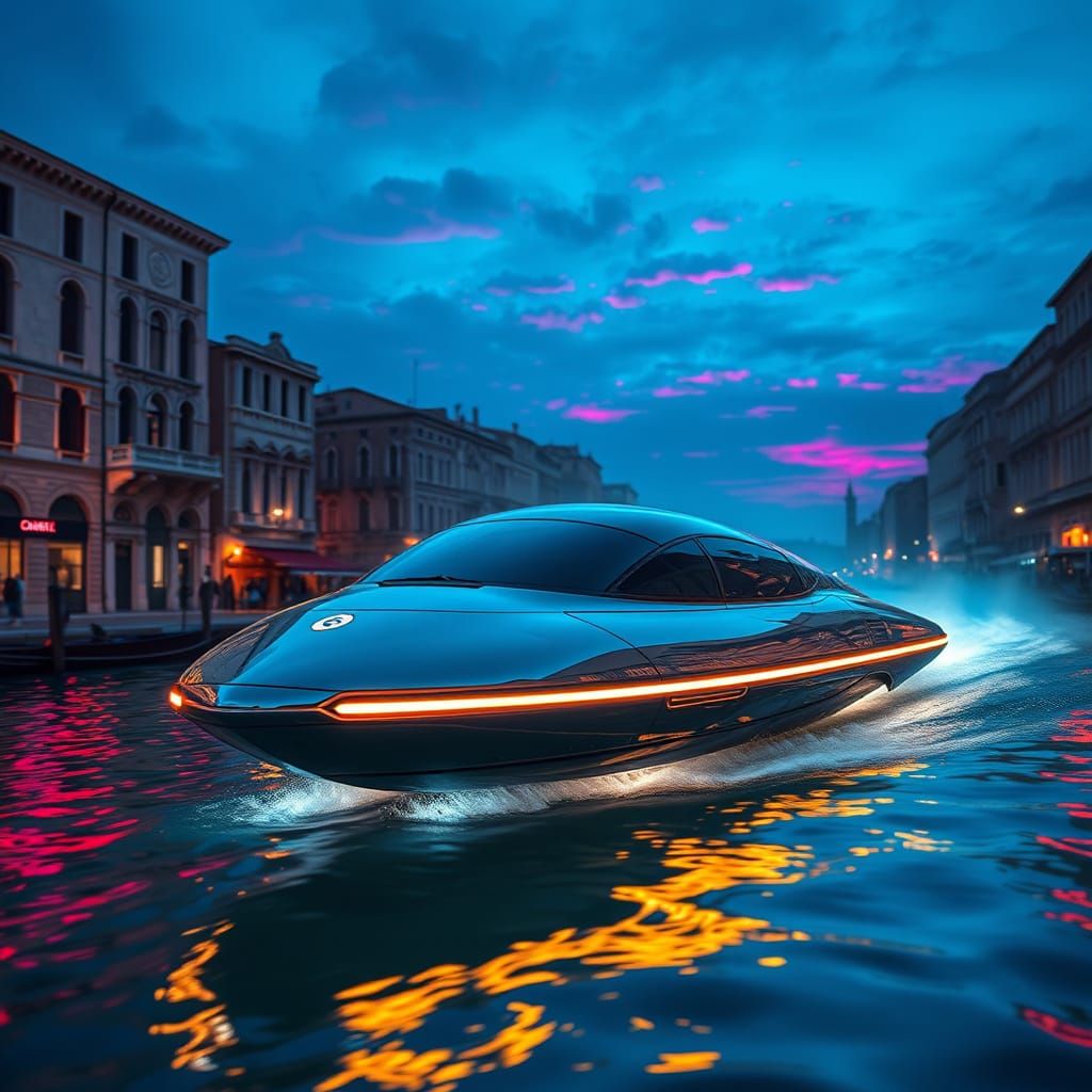 Futuristic Hovercraft Glides Through Venice Canals