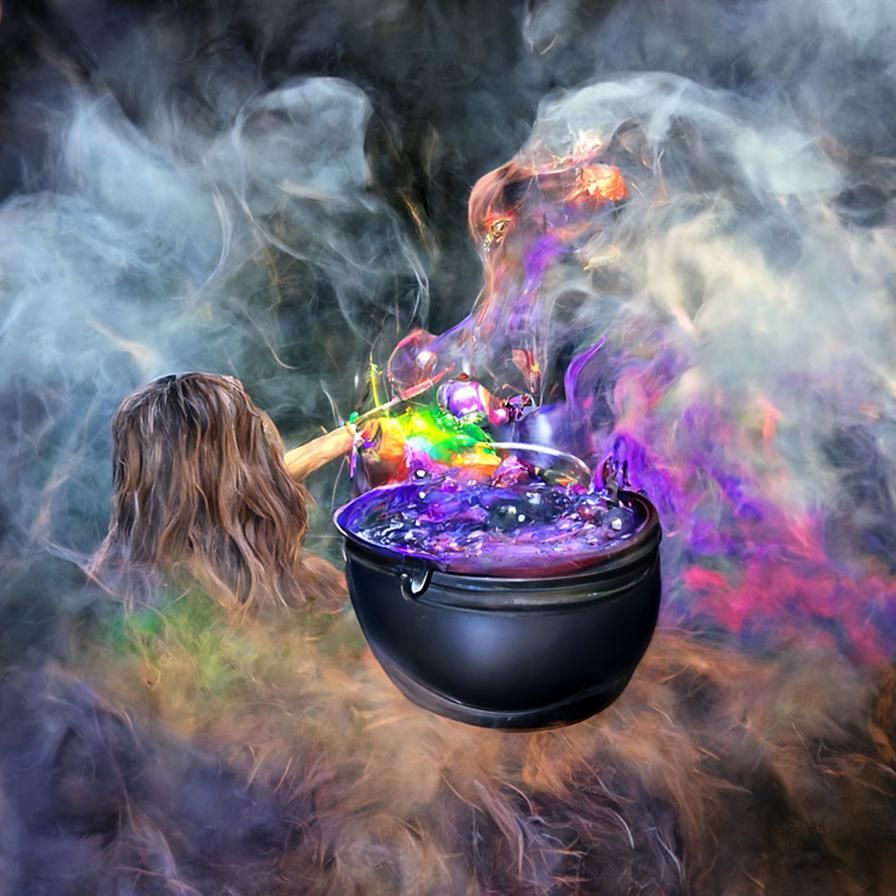 Witch Brewing Potion with Rainbows, Hyperrealistic Style