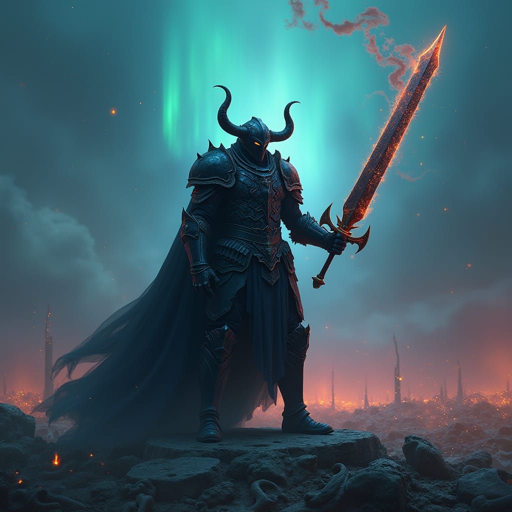 Armored Warlord on Bone Battlefield Under Aurora