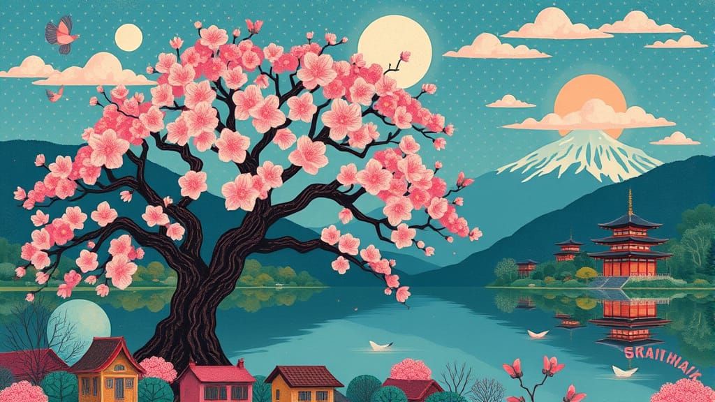 Whimsical Sakura Tree in Folk Art Style