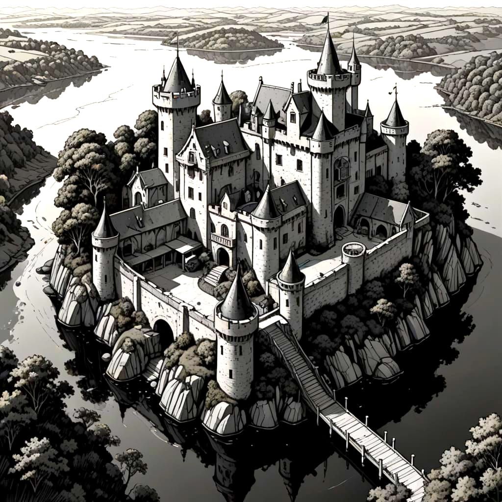 Medieval Castle with Drawbridge and Moat, in Pen and Ink Sty...