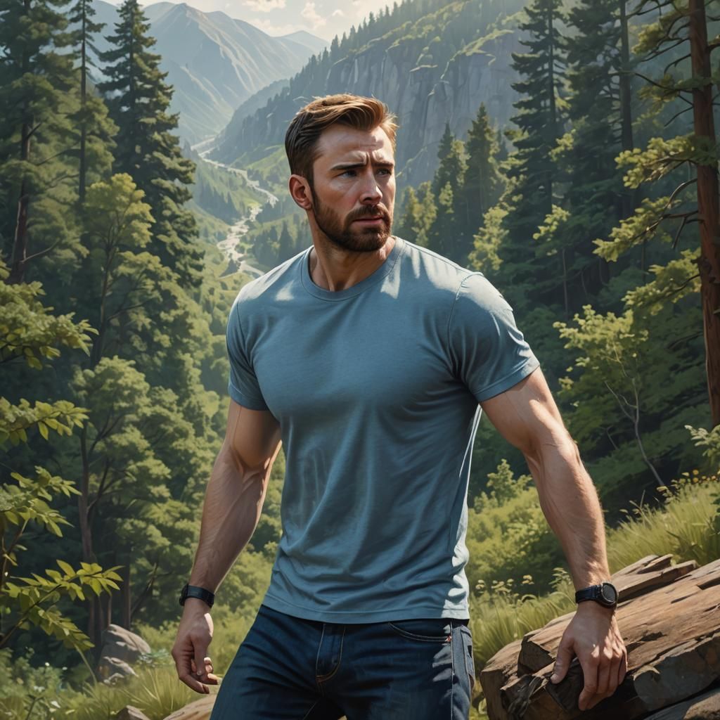 Chris Evans as Steve(MINECRAFT) - in a light blue shortsleev...