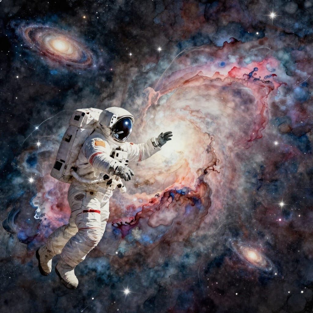 Astronaut Reaches Nebula in Cosmic Watercolor Style