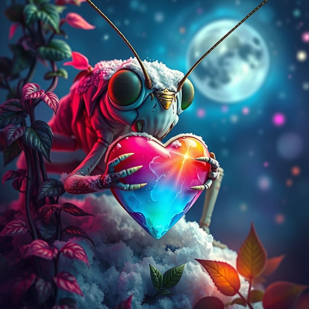 Snow grasshopper holding a cosmic melting heart, surrounded ...