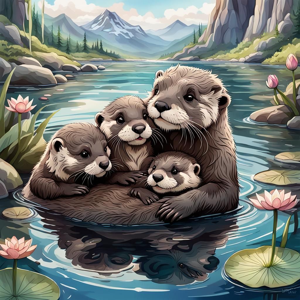 an incredibly cute fluffy otter cub lies on the fluffy belly...