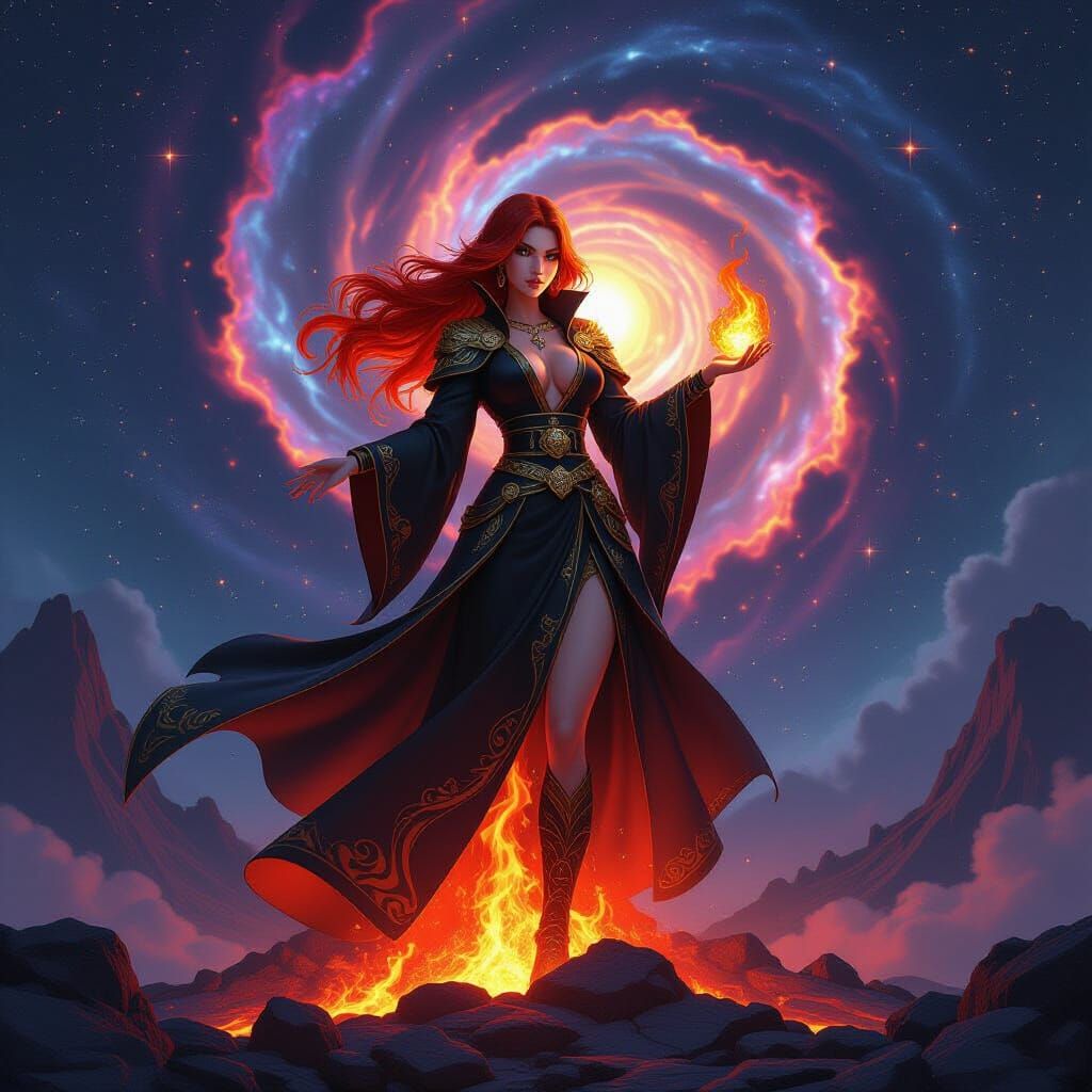 Fiery Anime Mage on Volcano in Galaxy Vortex