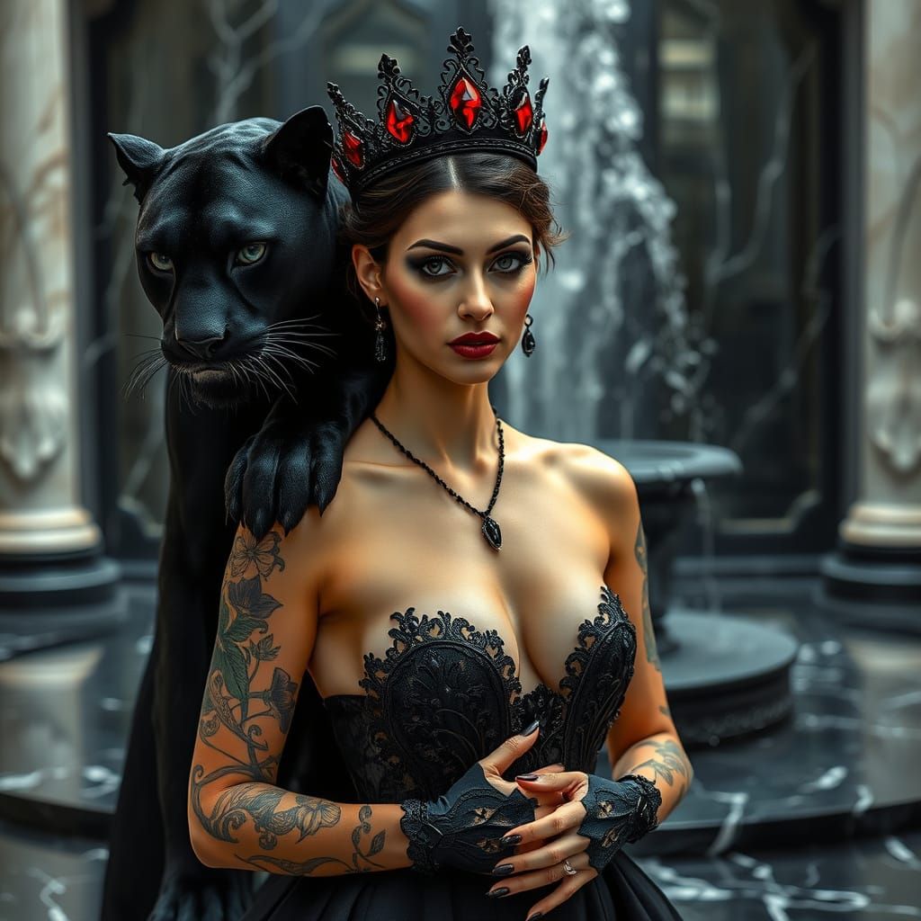 Gothic Bride Surrounded by Majestic Panthers