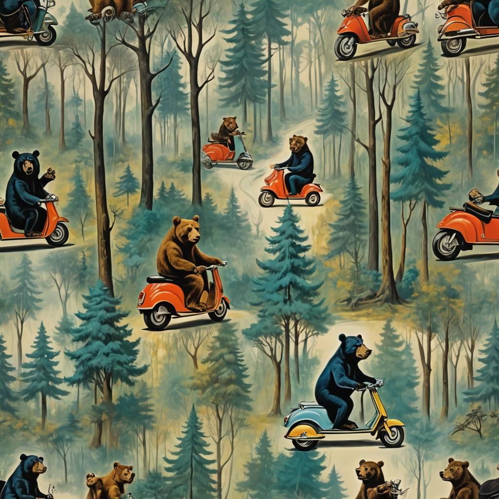 Bears on Scooters: A Surrealist Forest Scene