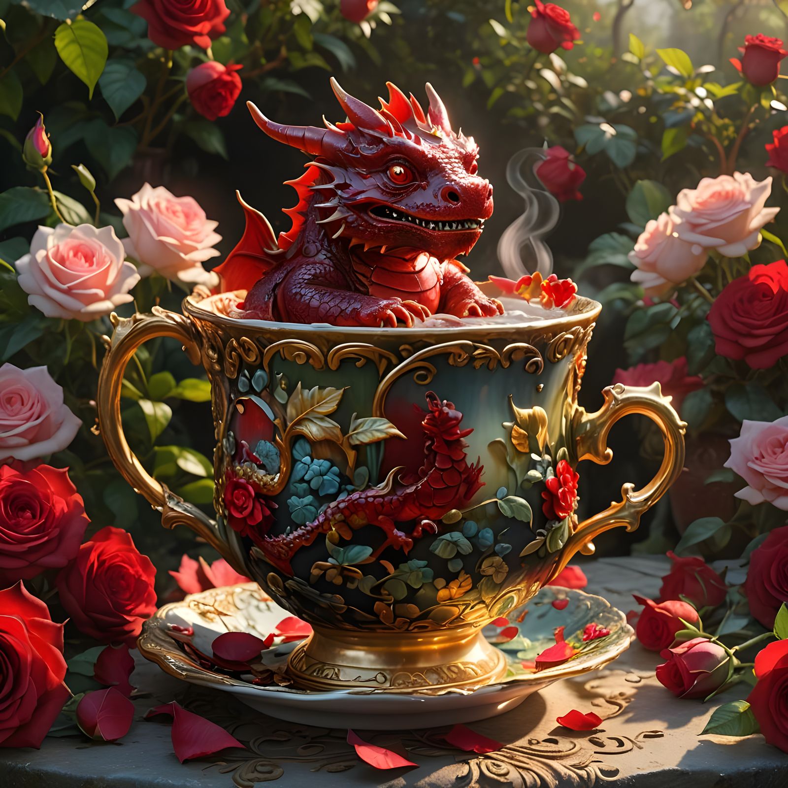 Cute Red Dragon Baby in Teacup Garden