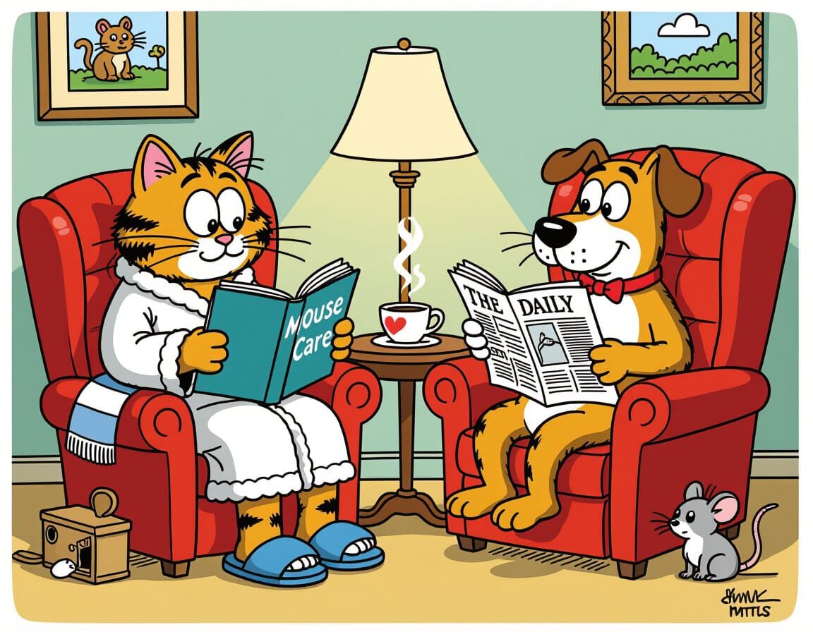 Humorous Cartoon Cat Reads Mouse Care Book