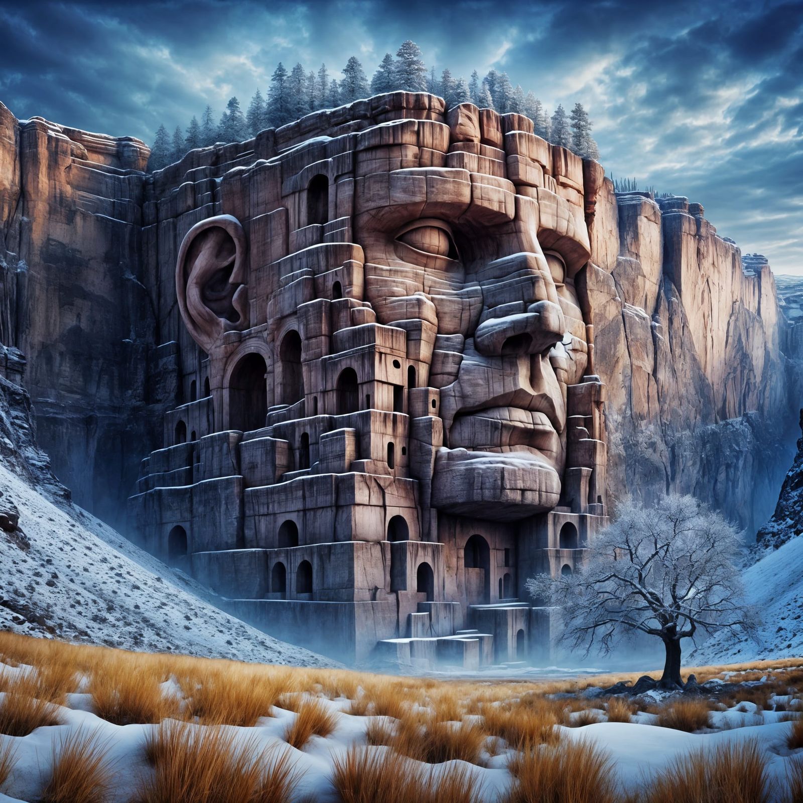 Monumental Face Merges with Fortress in Surreal Landscape