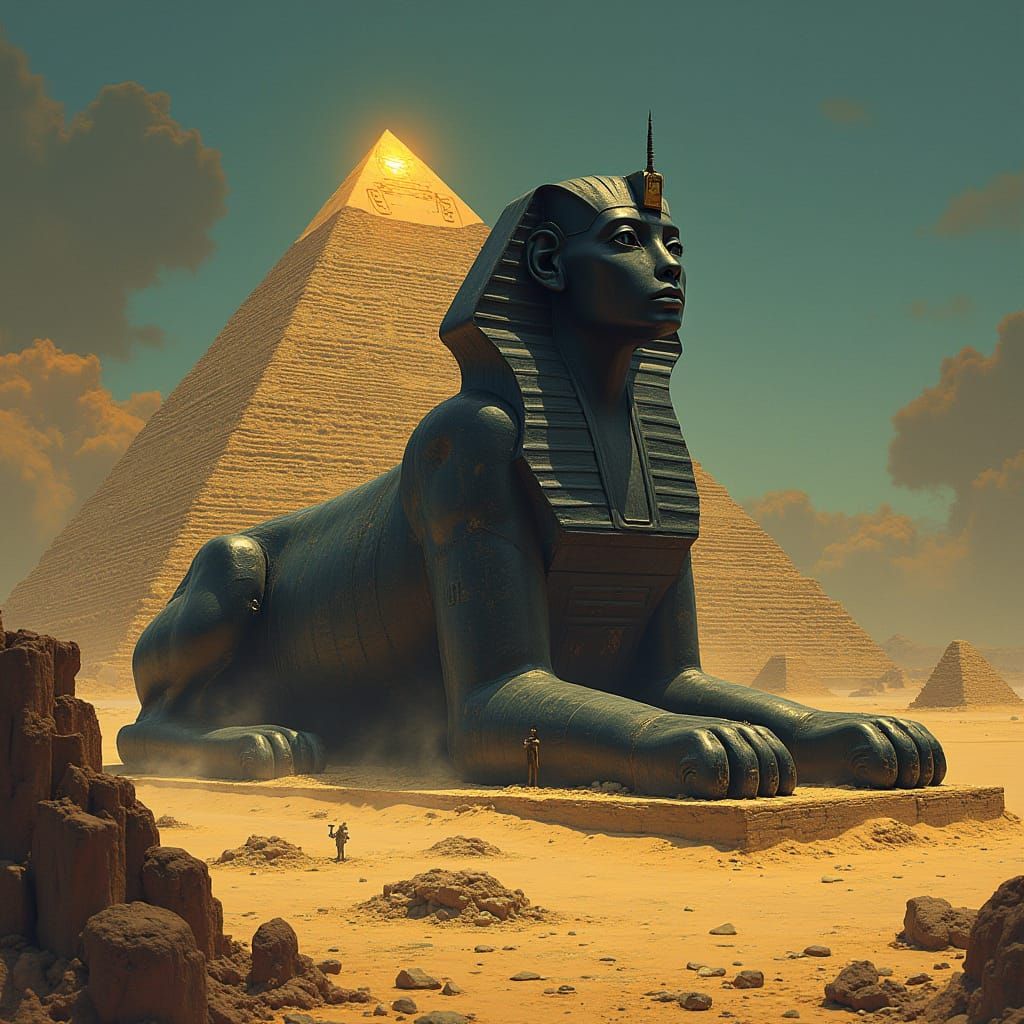Obsidian Sphinx on Ziggurat with Glowing Hieroglyphs