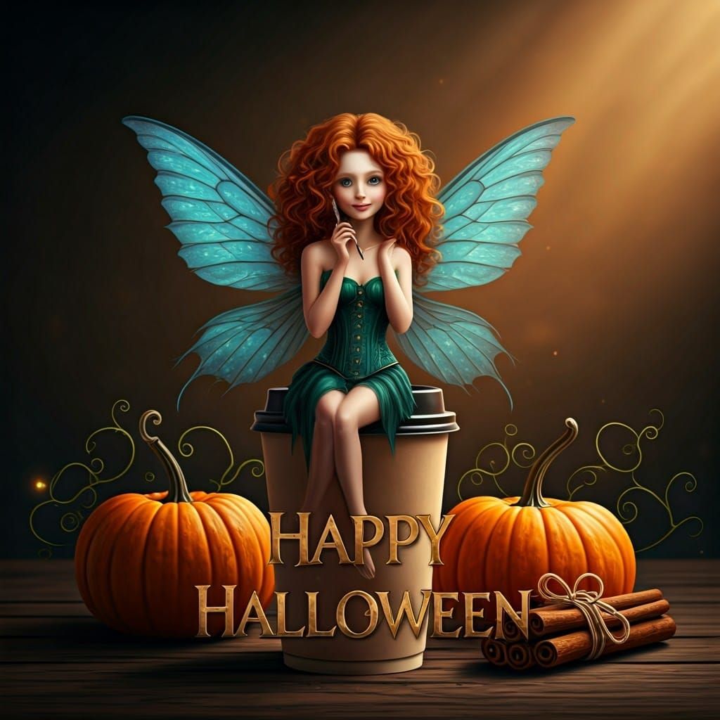 Red-Haired Fairy Perched on Coffee Cup