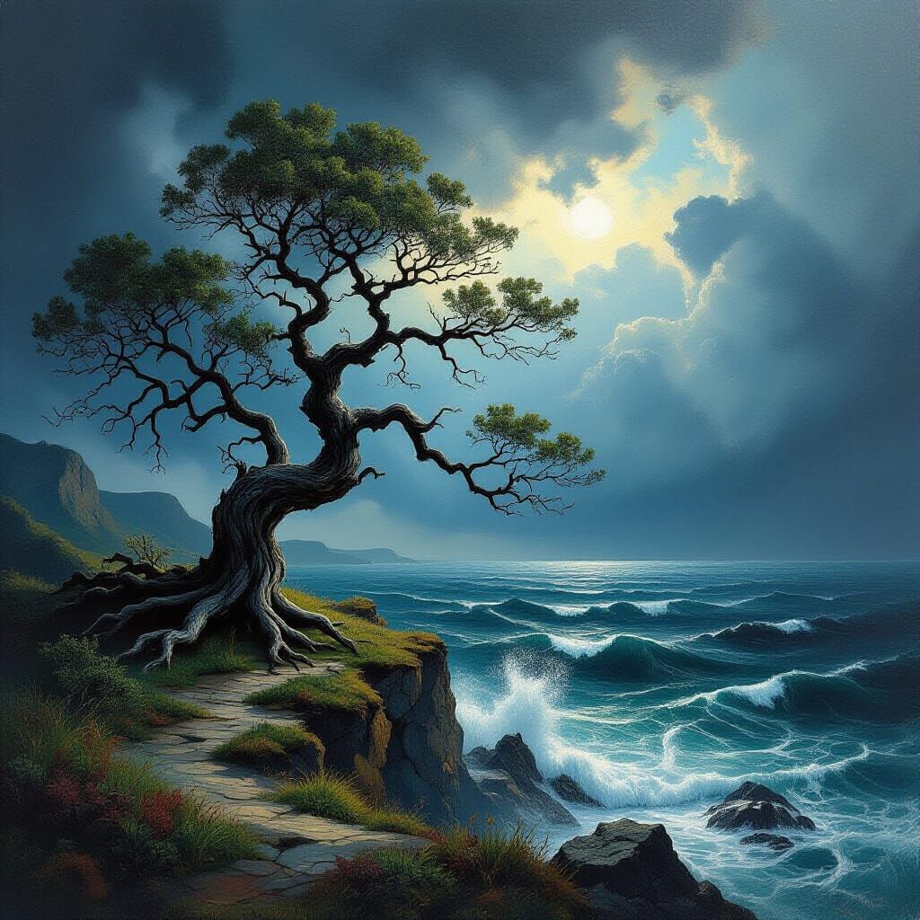 Ancient Tree on Cliff Overlooking Stormy Sea