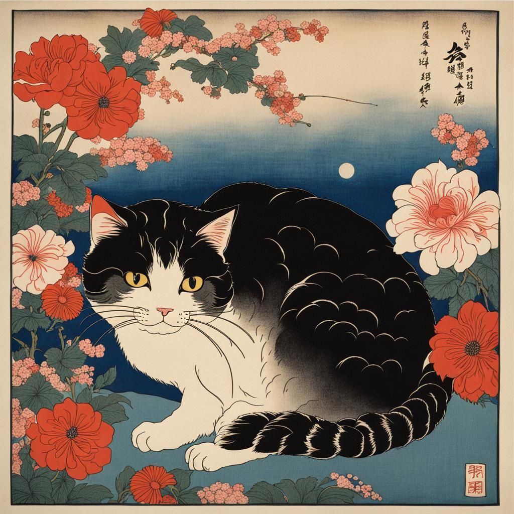 Ukiyo-e Cat Surrounded by Flowers and Heart Lights