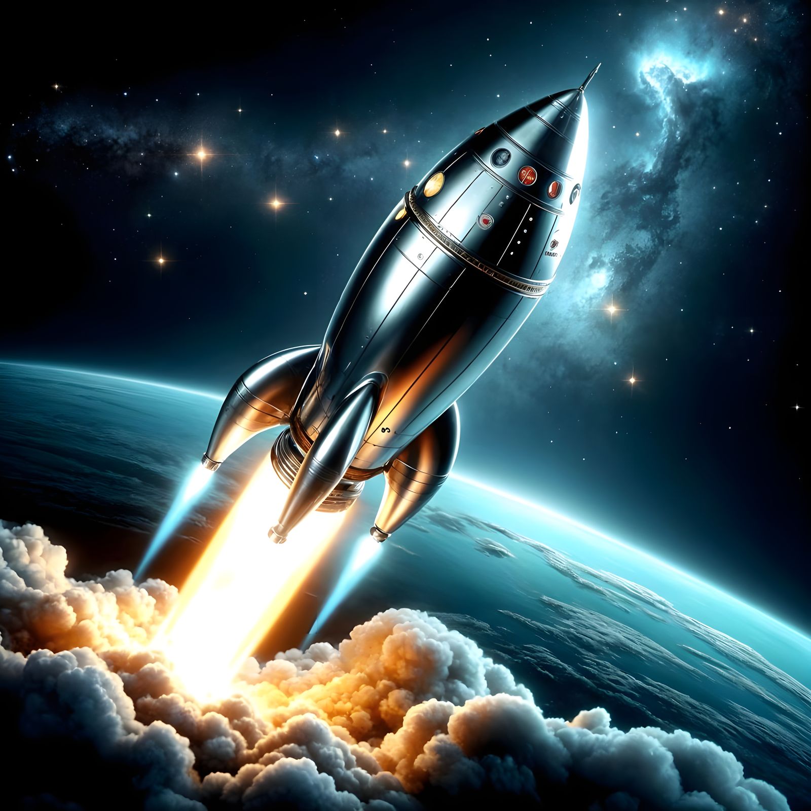 Retro 1950s rocket ship blasting off on its way to a distant nebula