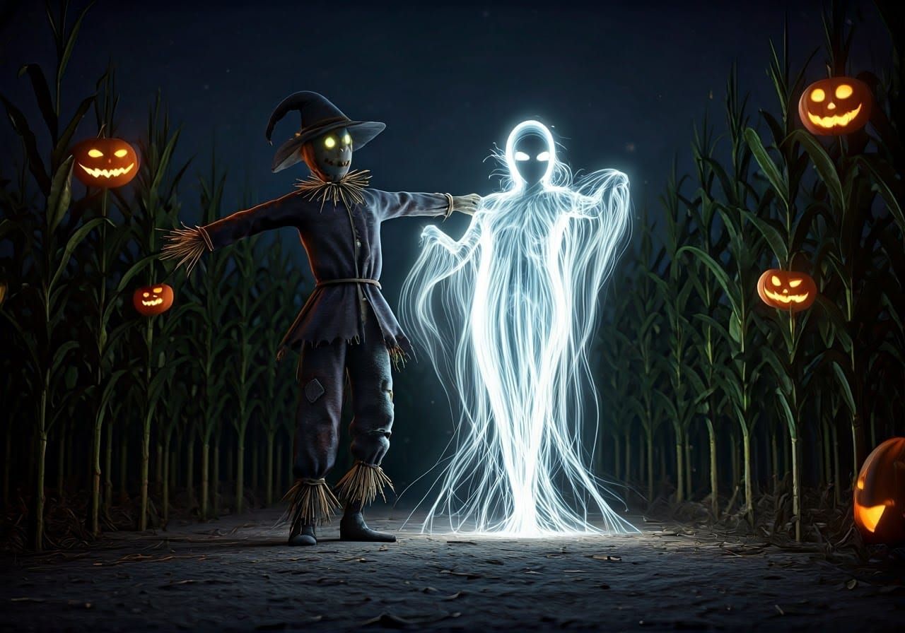 Scarecrow and Spectre Ghost Dance in Cornfield
