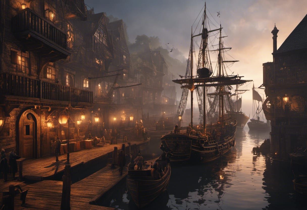 Pirate Ships Docked in 17th Century Harbor