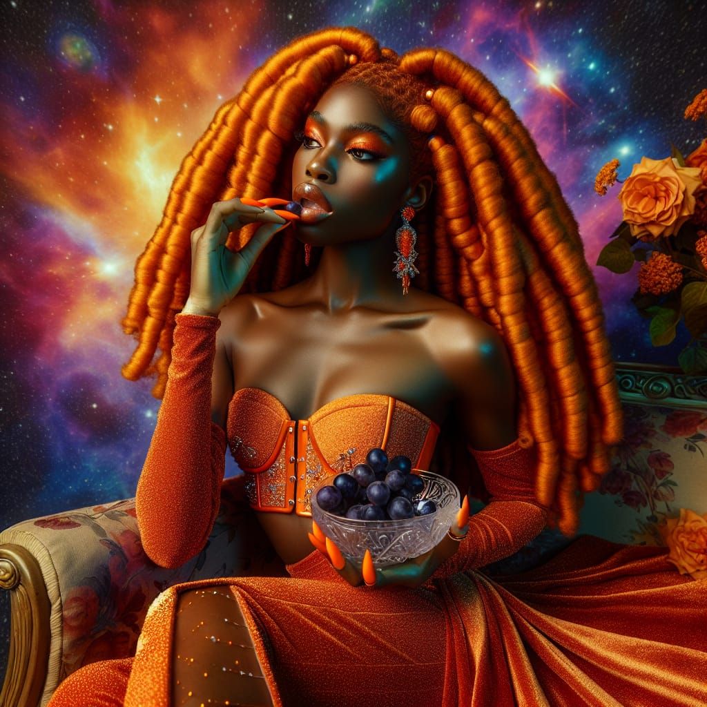 Goddess with Orange Locs in Cosmic Setting