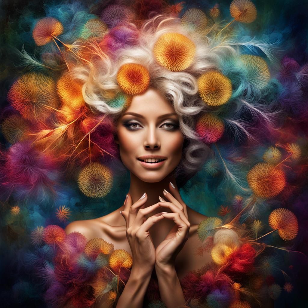 Dandelion Haired Woman, Surreal Digital Illustration