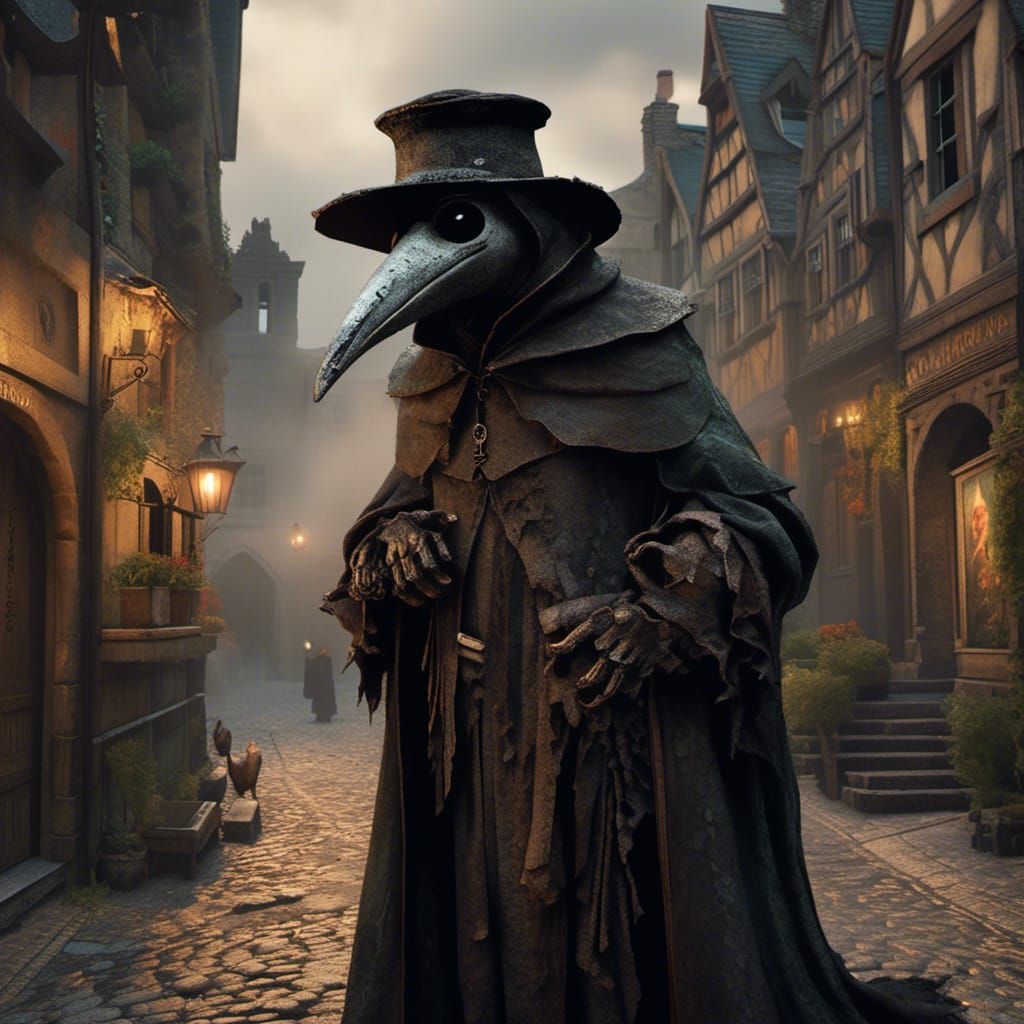Plague Doctor in Medieval Street: Dark, Detailed 3D Art