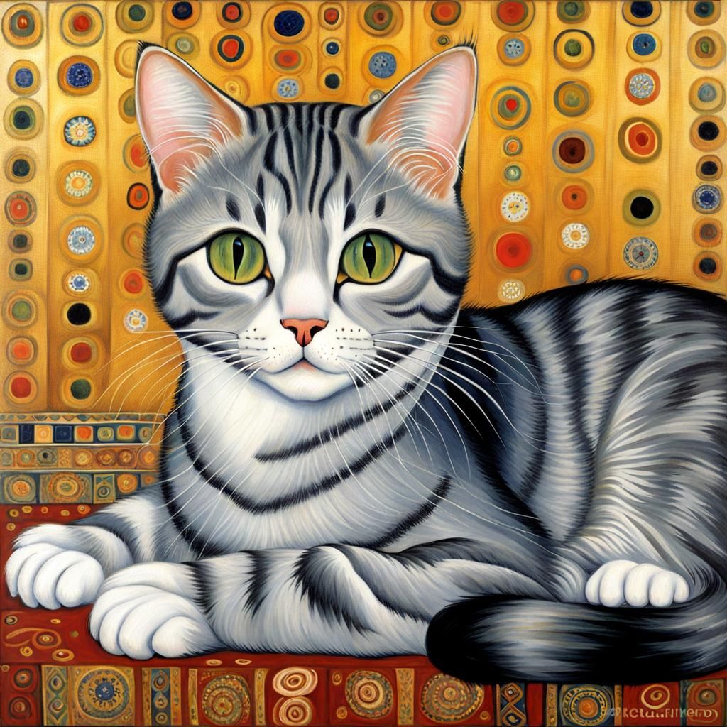 Gray Tabby Cat in Klimt-Inspired Portrait