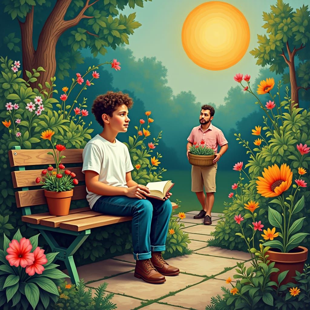 Lush Garden Scene Inspired by Chagall