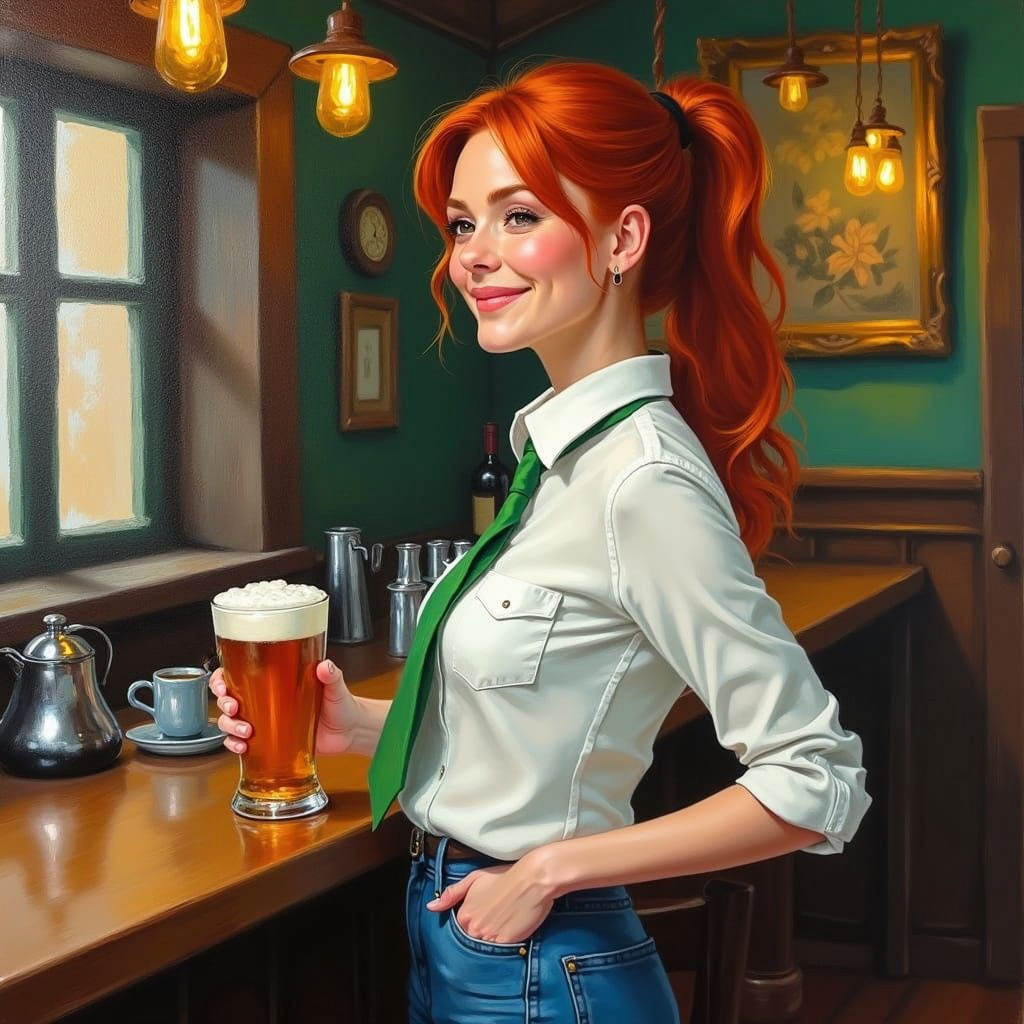 Woman Behind the Bar in a Vibrant Irish Pub