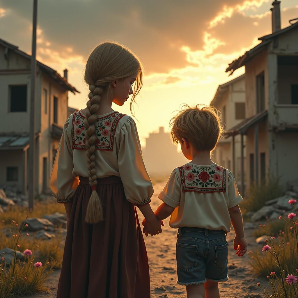 Children in War-Torn Landscape, Digital Painting