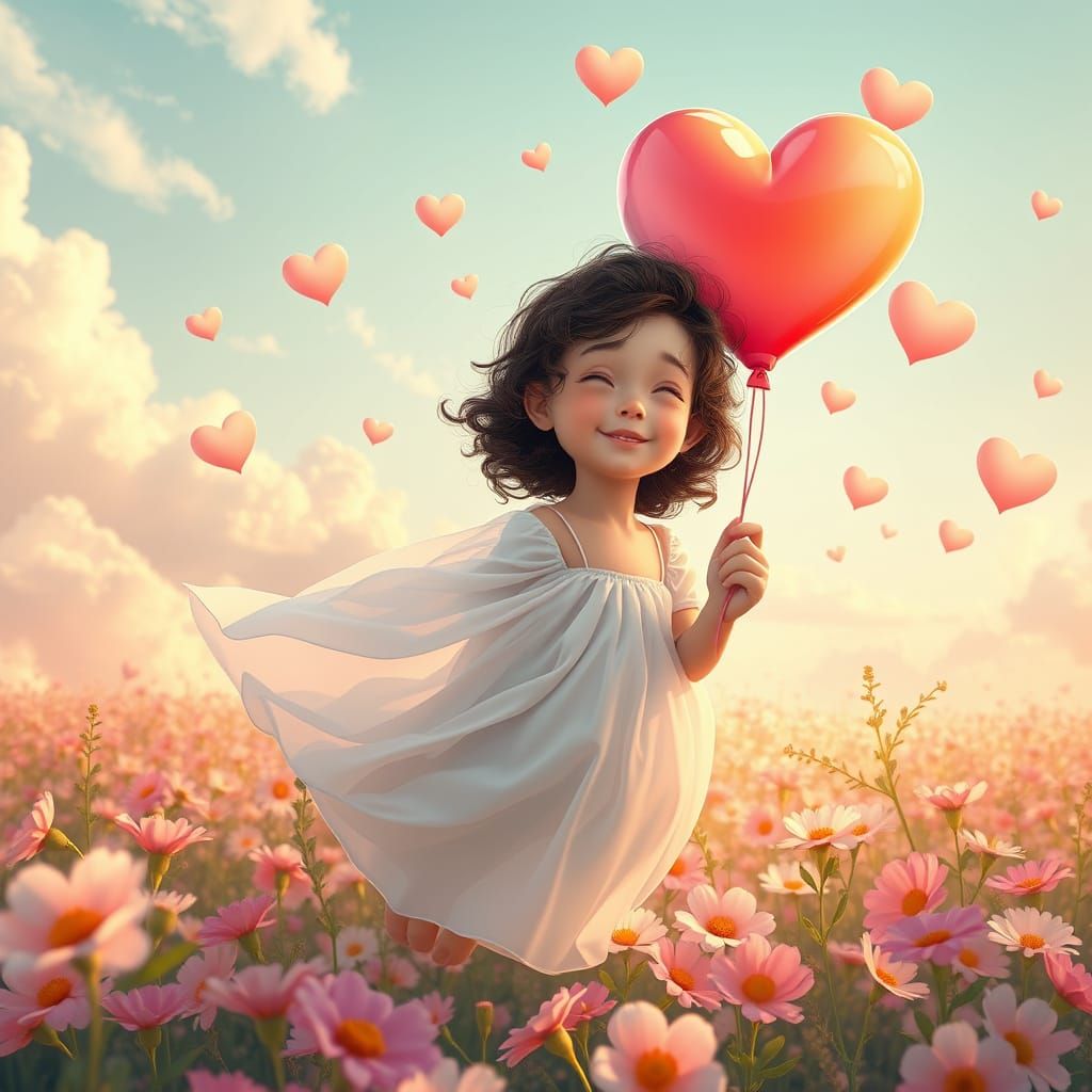 a small beautiful girl flies away in a heart-shaped balloon