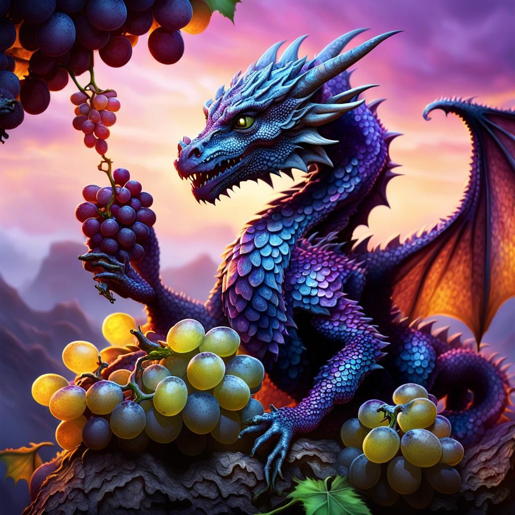 Small Dragon Eats Grapes in Digital Art