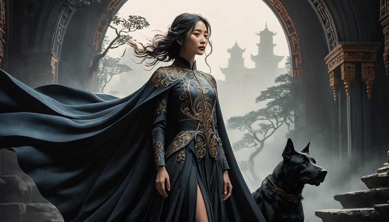 Elegant Woman in Futuristic Setting with Majestic Dog