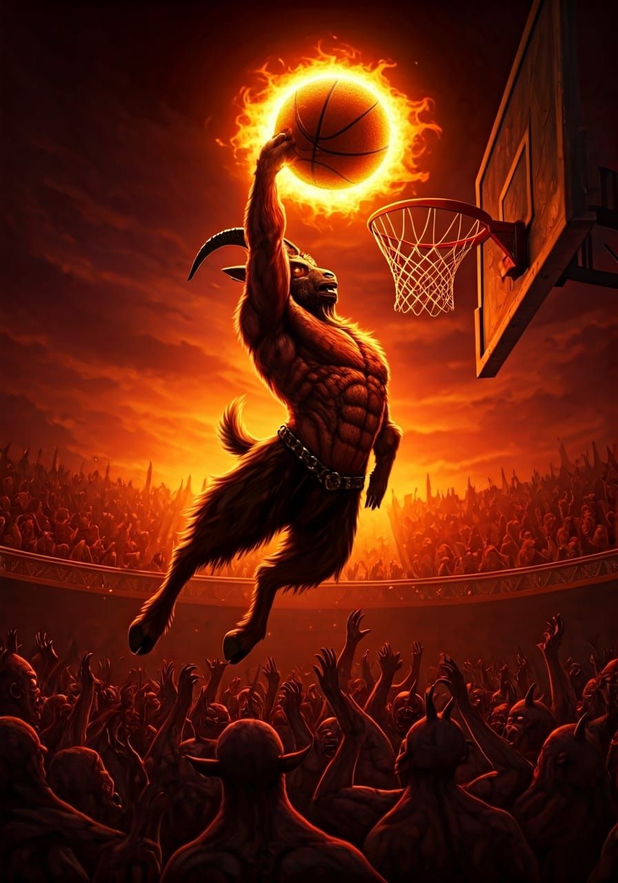 Demonic Goat Slam Dunk in Dark Fantasy Style