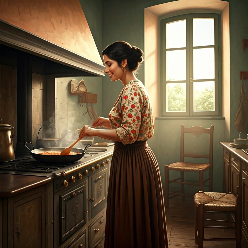 Italian Woman Cooking Soffritto in Cozy Kitchen