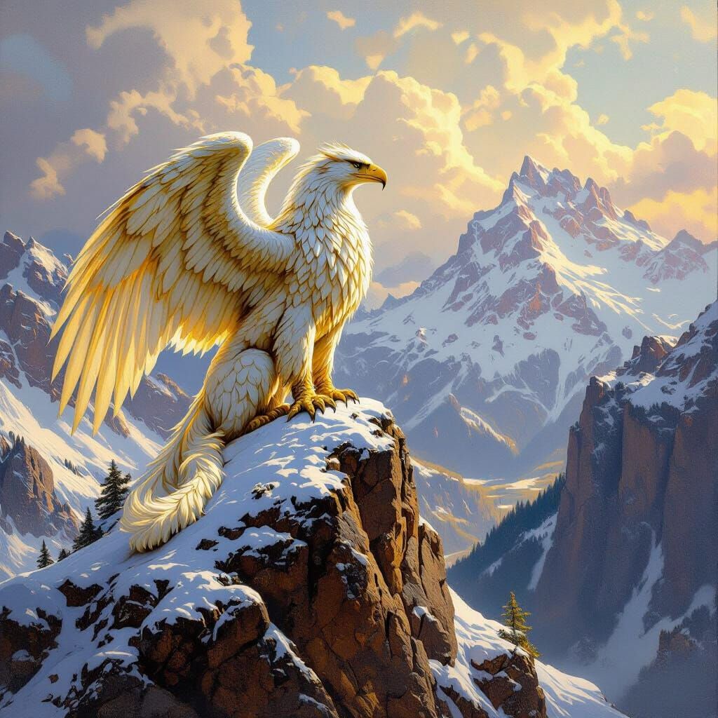 Majestic Griffin Overlooking Kingdom: Classical Oil Painting