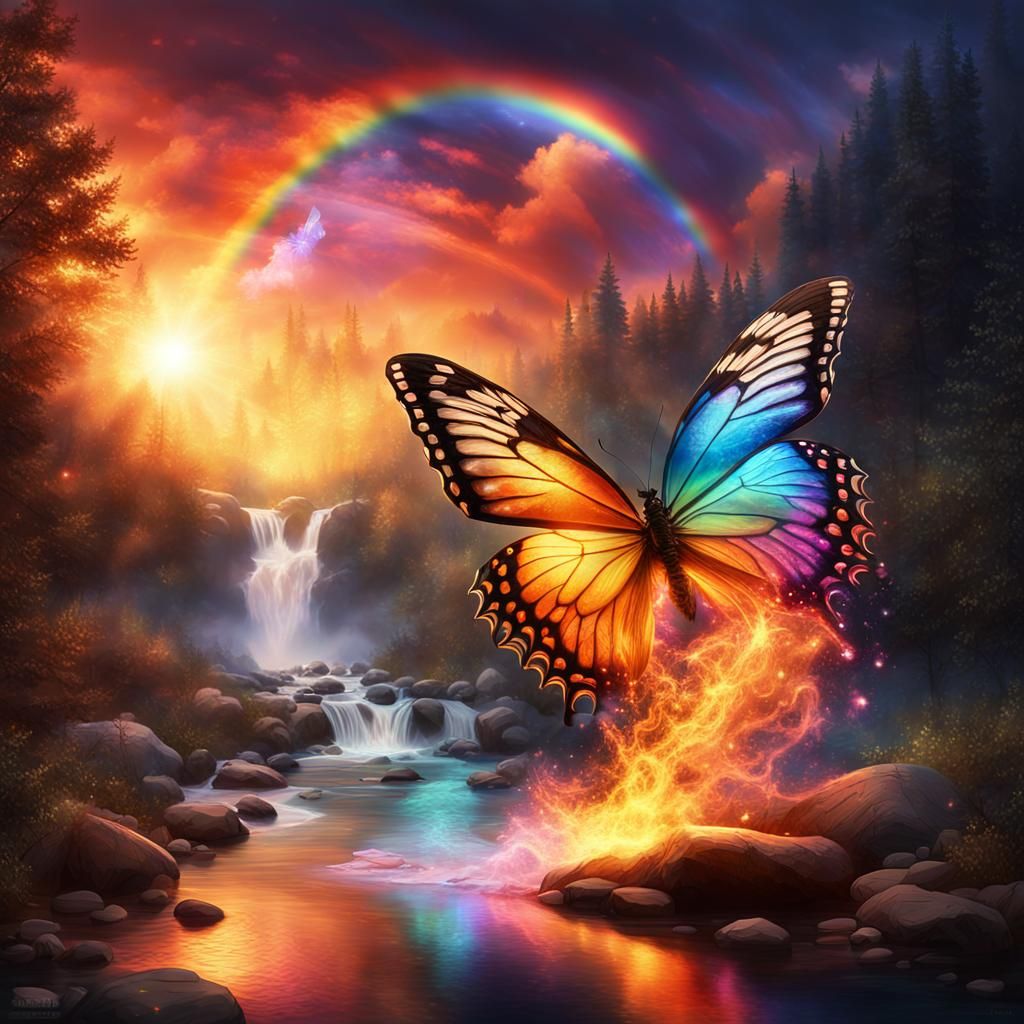 Fiery Smoke Butterfly in Dreamy Crystal Landscape