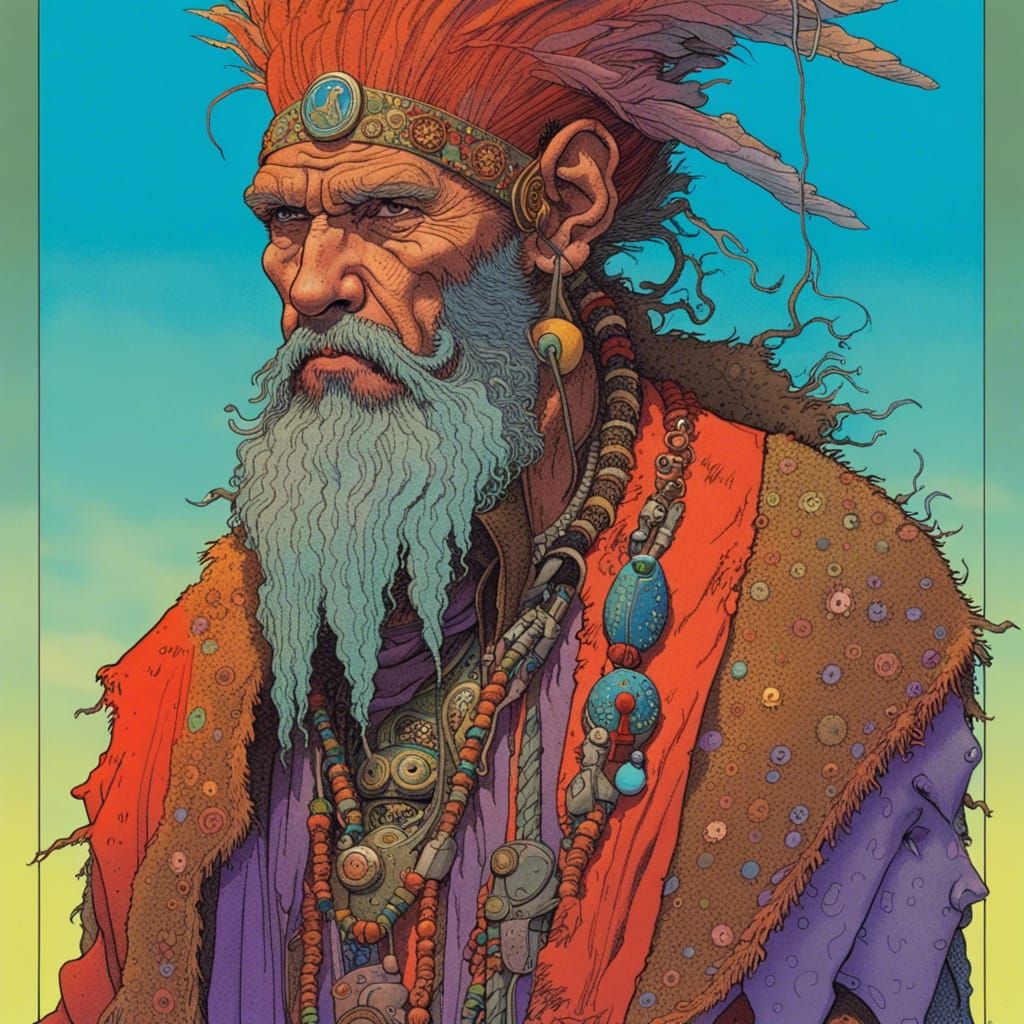 Punk Shaman Portrait in Ligne Claire Style